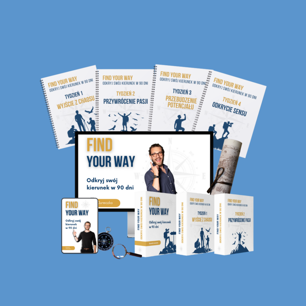 Mockup kursu "Find Yor Way" niebieskie tło